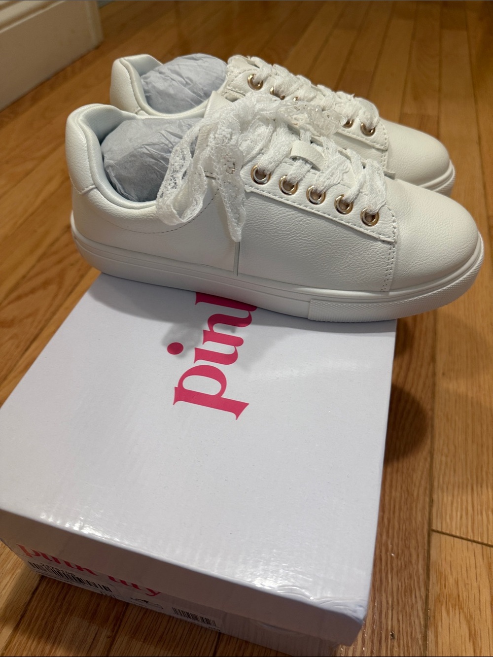 Pink Lily white sneakers with gold accents